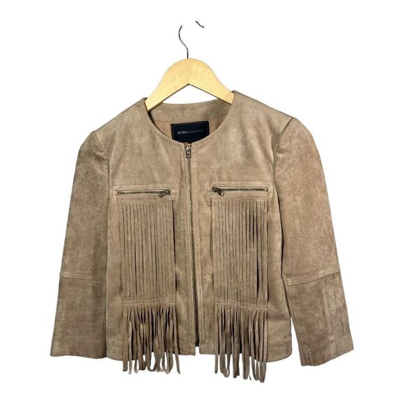 BCBGMAXAZRIA Women’s Reiss Stretch Woven Microsuede Fringe Jacket Tan Size XS - Picture 2 of 16